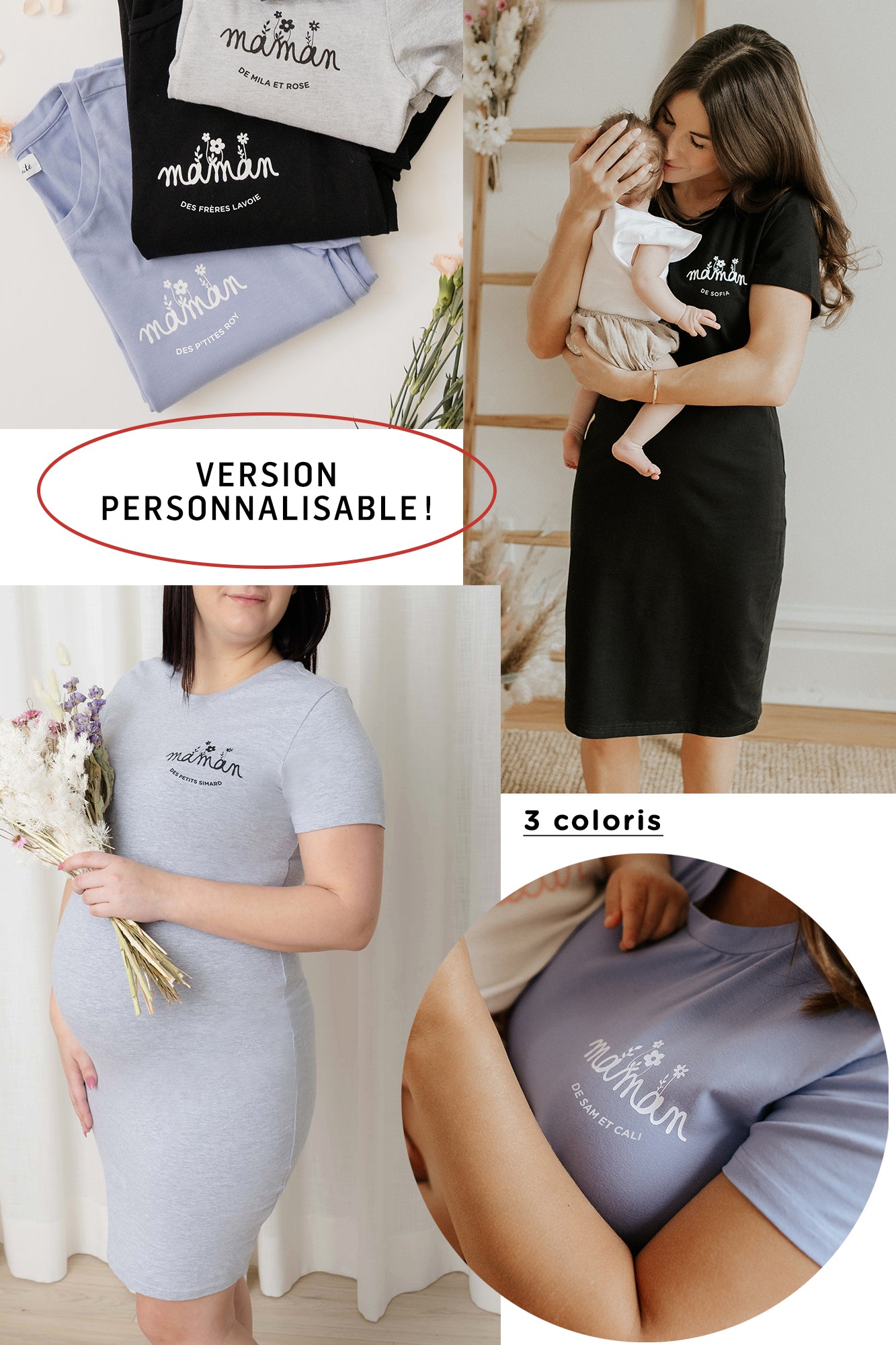 Robe t-shirt "maman" design FLEURI - À PERSONNALISER (tailles restantes: XS, S, M)